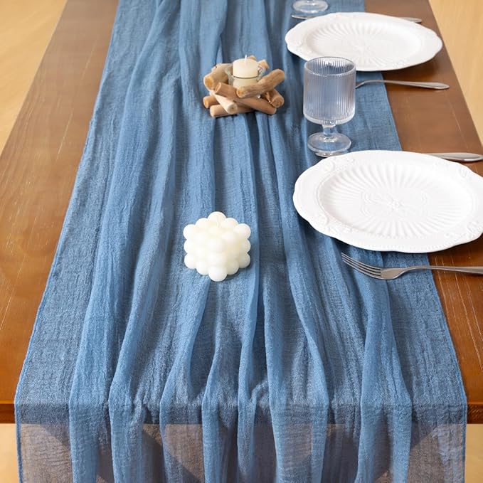 Socomi 6pcs Dusty Blue Easter Spring Gauze Cheesecloth Table Runner 120 Inch Rustic Boho Cheese Cloth Runner for Wedding Party Baby Bridal Shower Centerpiece Decoration Holiday Home Decorations
