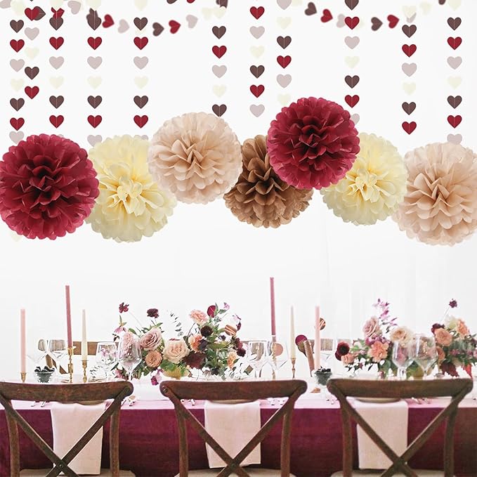 Boho Wedding Bridal-Shower Party-Decorations Heart-Garland - 52Ft Fall Autumn Brown Burgundy Dusty-Pink Paper Streamers Banner,Birthday Baby Engagement Bachelorette Valentines Decor Lasting Surprise