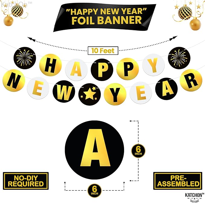 KatchOn, Shiny Happy New Year Banner 2026 - 10 Feet, Pre - Strung | Happy New Year Backdrop, Happy New Years Decorations 2026 | New Years Eve Banner, New Years Eve Party Supplies 2026 | NYE Decorations 2026