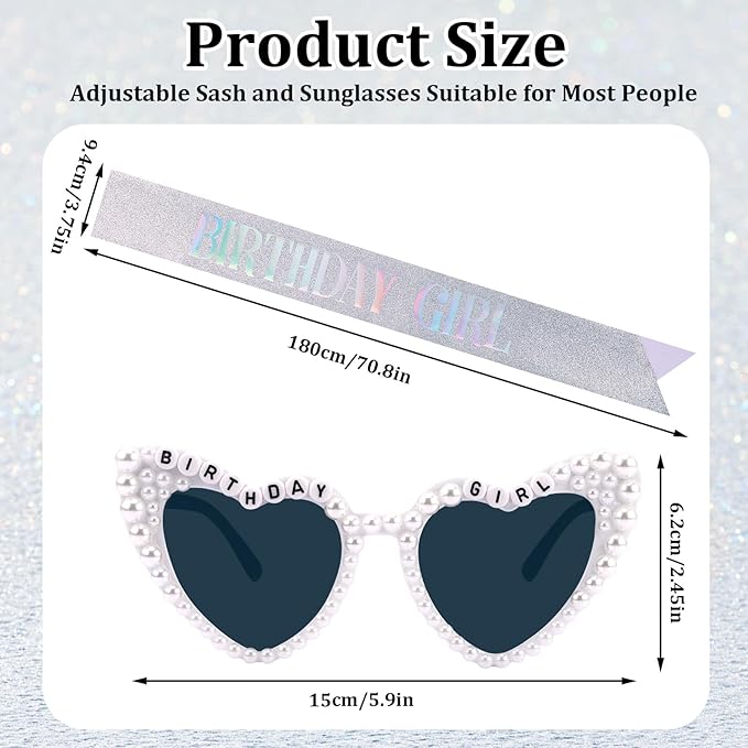 Birthday Girl Sash & Glasses Set, Birthday Sash for Women Girls, Silver 70.8" x 3.75", Happy Birthday Accessories Party Favors Set for Women Girls