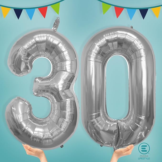 40 Inch Large Number Celebration and Decoration Balloon for Birthday Parties, Graduations, Anniversaries, Weddings, Photo Shoots, Special Events - Helium Foil Mylar (Silver Number 30)