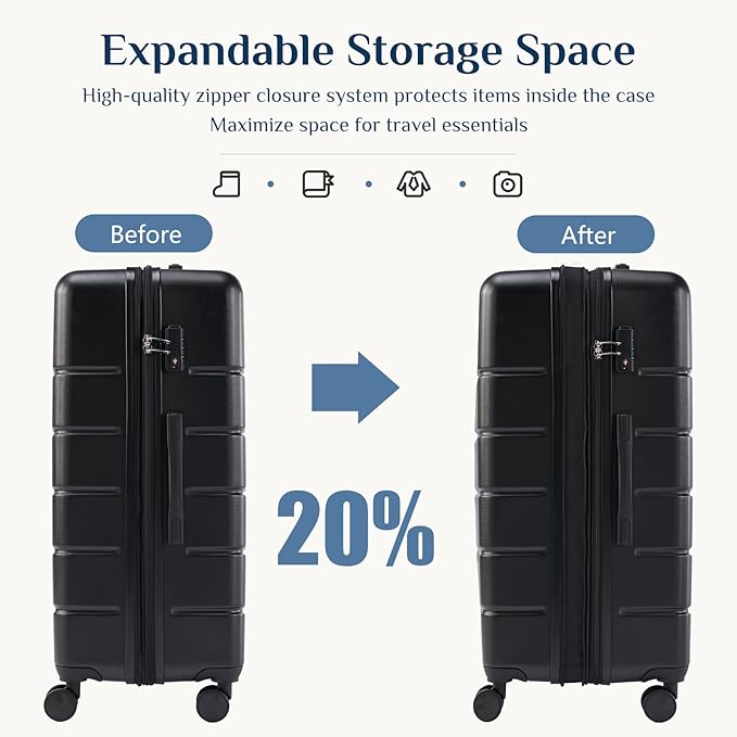 NEWBULIG 20 Inch Carry on Luggage, Lightweight Expandable Rolling Suit Case with TSA Lock, Hard Shell ABS Suitcase with Double Spinner Wheels, Black
