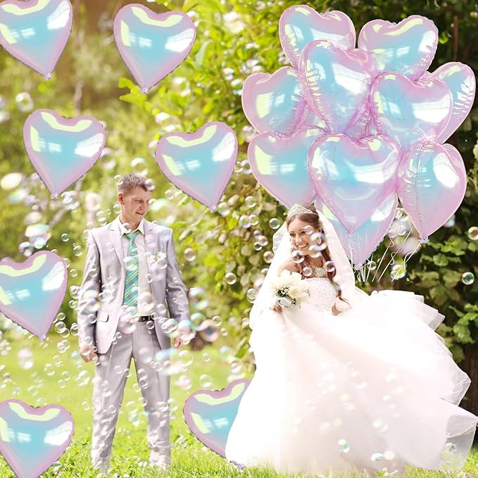Iridescent Heart Balloons, 9PCS 18Inch Transparent Laser Heart Foil Balloon Large Gradient Crystal Iridescent Colorful Balloon for Birthday Wedding Easter Rainbow Mermaid Fantasy Theme Party Decor