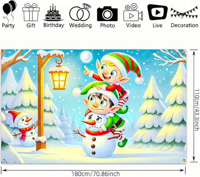 Christmas Banner Elf Snowman Holiday Wall Backdrop Cute Cartoon Winter Wonderland Decoration Indoor Outdoor Party Supplies Kids Room Fence Photo Background Scene 71 X 43 Inches