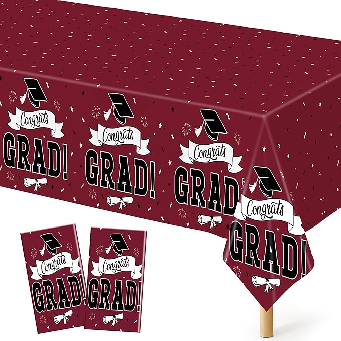 QZYL 2 PCS Graduation Decorations 2026, 108" X 54" Maroon Graduation Table Cloths, Rectangle Table Cloths for Class of 2026 Congrats Grad, Disposable Plastic Tablecover for Grad Decor Party Supplies