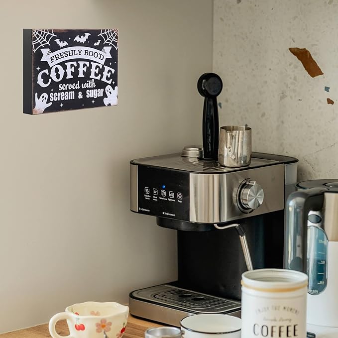 Esur Freshly Booed Coffee Wooden Box Sign, Fall Halloween Ghost Decorations Indoor for Home Office Kitchen Coffee Bar Decor