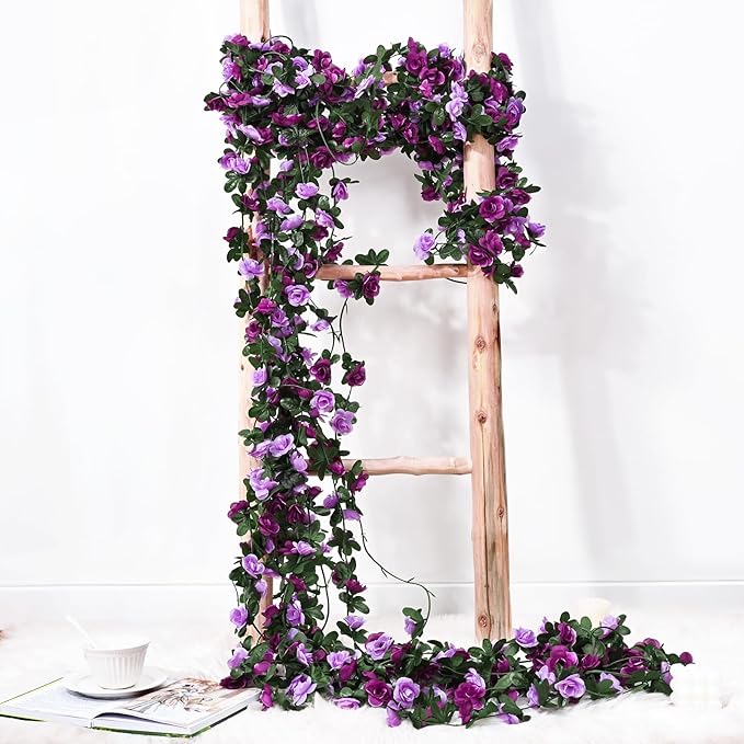 BLEUM CADE 2Pcs 16.4Ft Flower Garland Artificial Rose Vines for Bedroom, Cute Fake Hanging Flower Vines Floral Garland Decorations for Wedding Party Wall Room Decor Aesthetic
