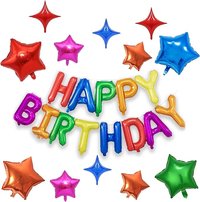 KALOR Rainbow Happy Birthday Balloons Kit with 16 Inch Mylar Foil Letters Balloon and Star Balloons for Birthday Party Decorations Photo Booth Backdrop
