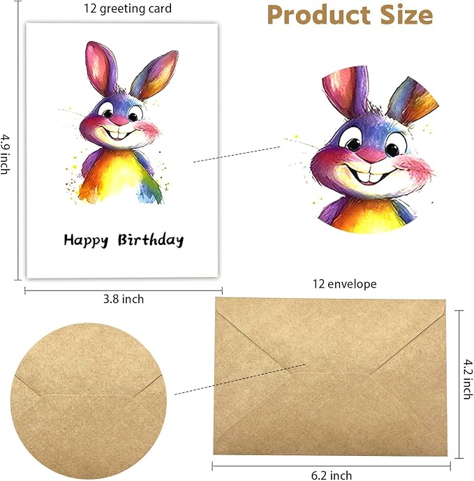 Birthday Cards Pack of 12,Birthday Cards Bulk for Women Men Kids Assorted Birthday Greeting Cards for Kids Assortment, 12 Card with Envelopes (Cartoon animals)