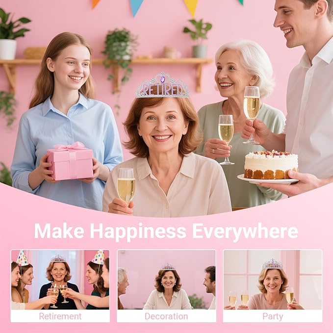 Retirement Party Decorations with Tiara and Sash for Women, Happy Retired Crown and Sash for Gift