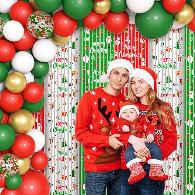 140pcs Christmas Party Balloon Set, Merry Xmas Balloons with Table Skirts and Foil Fringe Tinsel Curtains for Winter Holiday Party Decorations