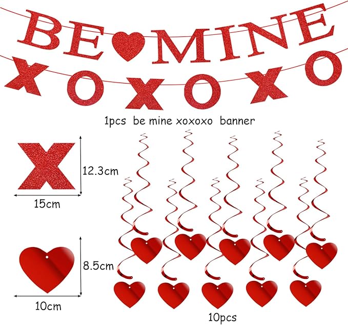 Valentines-Day Decorations Red-Heart Garland Galentines-Decor - 24pcs Tissue Paper Pom Poms Streamers Swirl,Be Mine Xoxo Banner,Love Romantic Special Night Anniversary Party Hanging Lasting Surprise