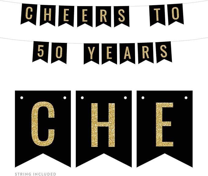 Andaz Press Faux Gold Glitter on Black Birthday Party Banner Decorations, Cheers to 50 Years, Approx 5-Feet, 1-Set, 50th Birthday Milestone Colored Hanging Pennant Decor