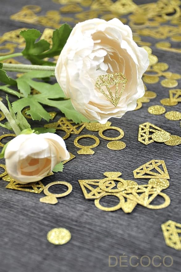 Gold Diamond Ring Confetti (300Pcs) - Glitter Wedding Table Decoration for Bridal Shower, Engagement Party, Hen Party, Valentine's Day, Baby Shower - Table Scatter Decor