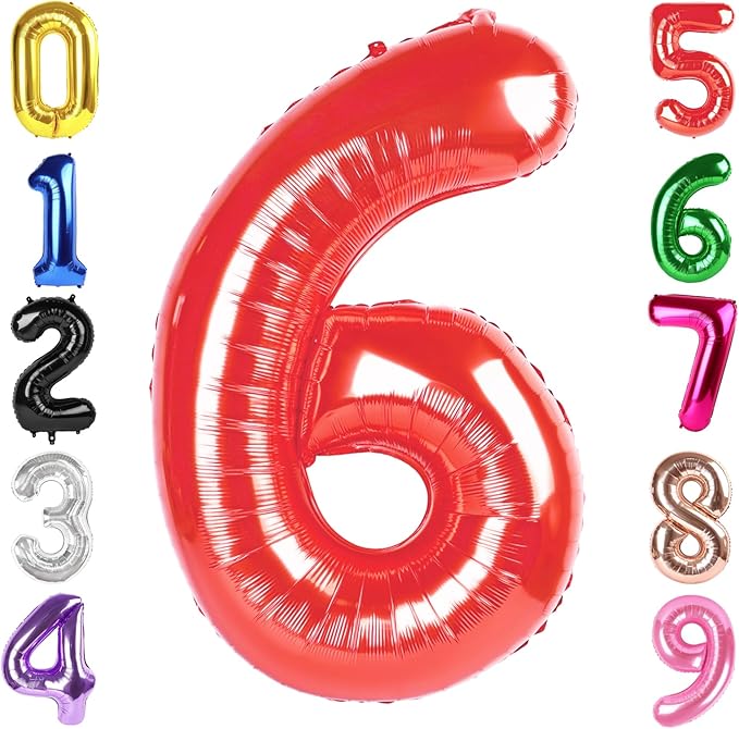 40 Inch Red Number 6 Balloon, Giant 6 Number Balloons for 6th Birthday Decorations, Party Supplies for Baby Boy Girl, Red Party Decor