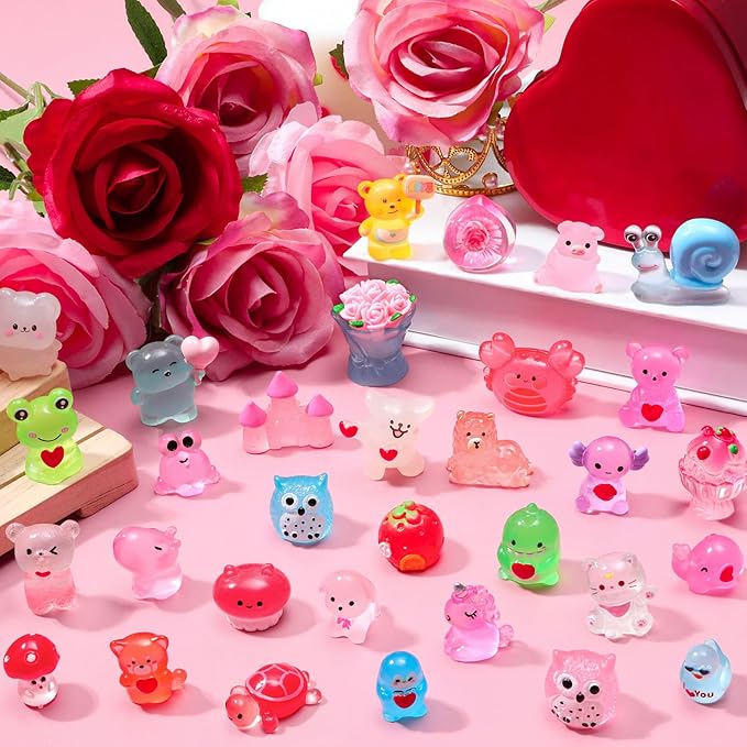 56 Pcs Valentine's Day Luminous Mini Figures 56 Types Valentines Glow in The Dark Miniature Love Heart Resin Animanl Tiny Duck Figurines for Valentines Party Gifts DIY Craft Dollhouse Scene Decor