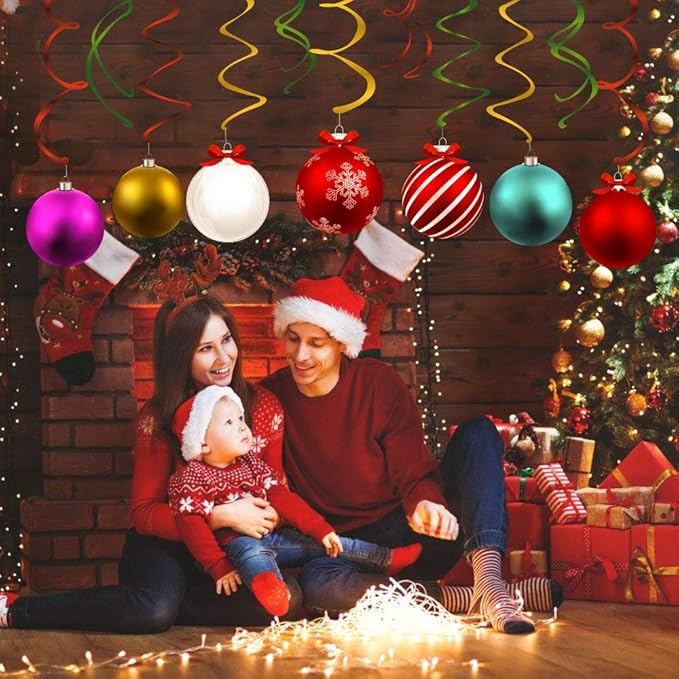 CC HOME 15Pcs Christmas Ball Hanging Swirls Xmas Ball Ceiling Streamer Birthday Decorations Christmas Themed Party Favors for Holiday Baby Shower Home Decoration Party Supplies