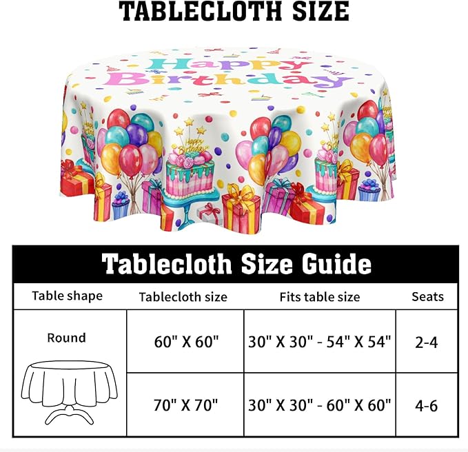 Happy Birthday Round Tablecloth 60 Inch Colorful Gift Birthday Hat Pattern Circle Table Cloth Holiday Table Cover Washable Polyester Decorations for Home Kitchen Dinning Party