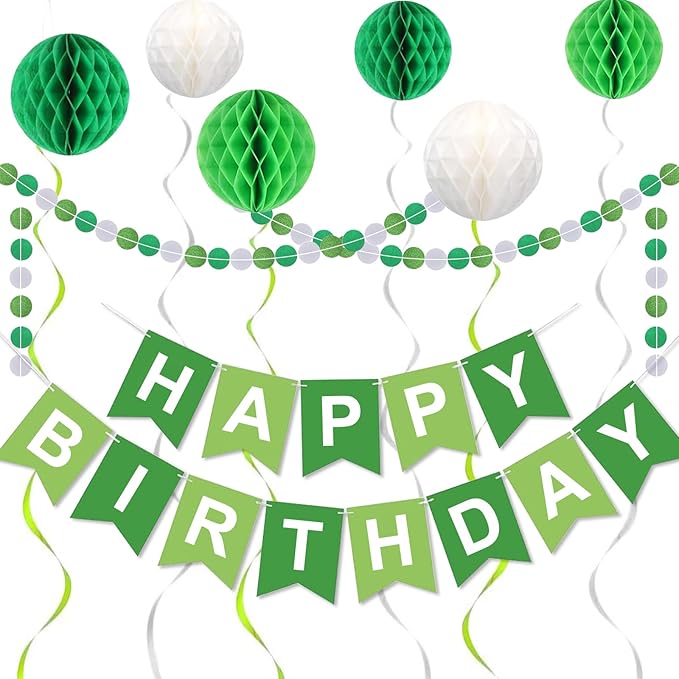 Green Birthday Decorations, Green and White Happy Birthday Banner, Happy Birthday Decorations for Women Men Girls Boys