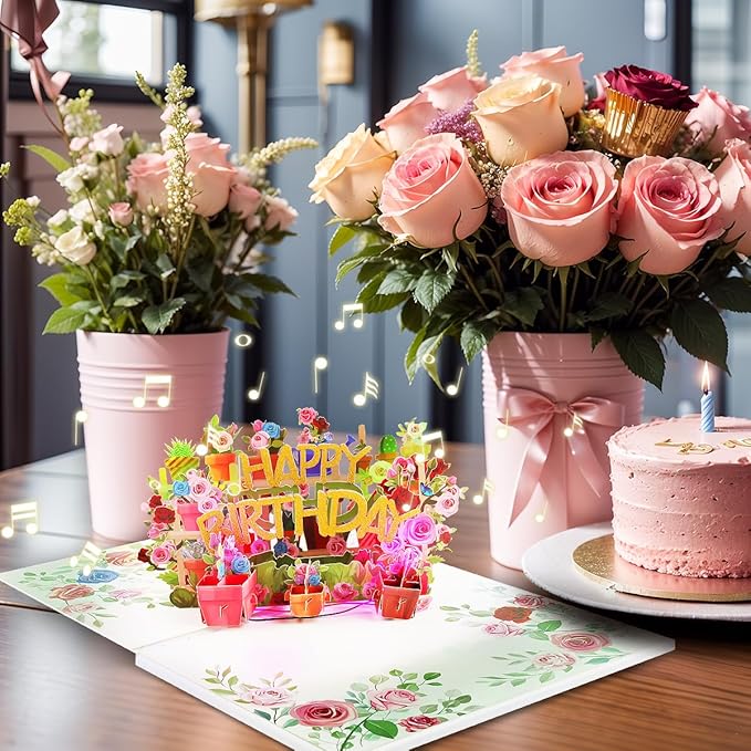 3D Musical Birthday Card for Women, Light & Music Flower Birthday Cards Pop Up for Mom, Happy Birthday Greeting Cards for Wife Grandma