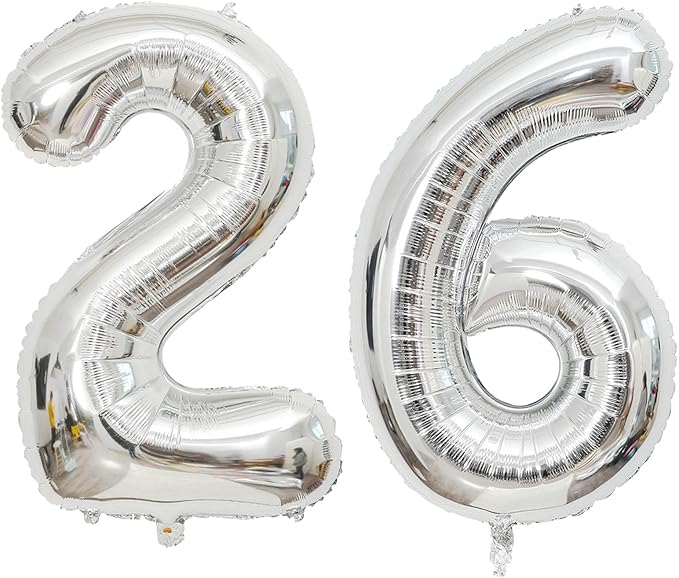 Large Silver 26 Number Balloons, 40 Inch Jumbo Number 26 Balloon, Silver Foil Mylar Balloons for Girl Sweet 26th/62th Birthday Party, Anniversary Decorations