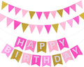 Irenare 4 Pieces Happy Birthday Banner Colorful Birthday Party Decor Rainbow Felt Garland Banner Party Decorations Supplies(Gradient Pink and Gold)