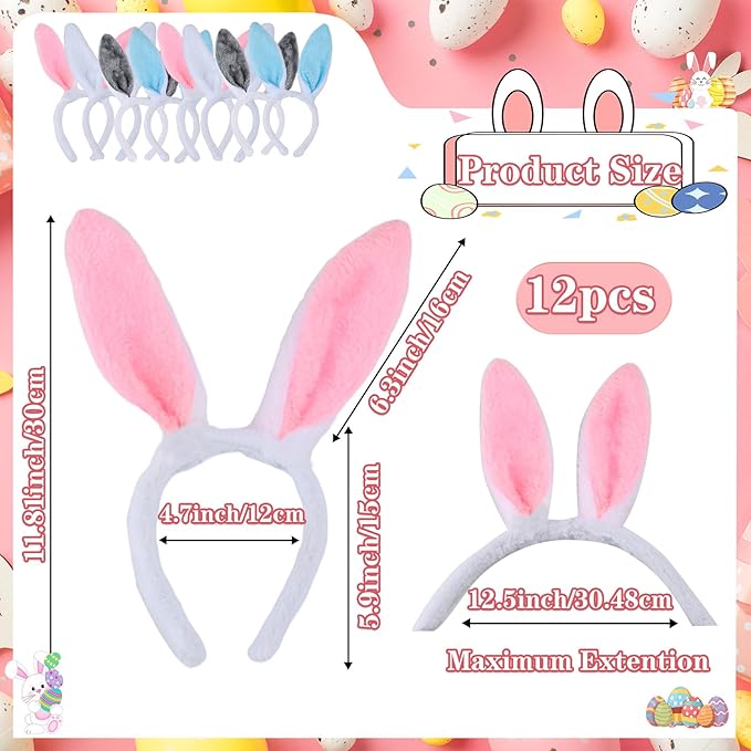 12Pcs Bunny Ears Headbands Plush Cute Rabbit Ear Hairbands Bunny Easter Halloween Costume Party Favors