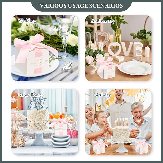 Marspark 50 Pcs Wedding Favor Boxes, 2.5 x 2.5 x 2.5 Inch Wedding Party Candy Boxes with Ribbons Bridal Gift for Guests Bridal Shower Birthday Party Anniversary Supplies(Pink)