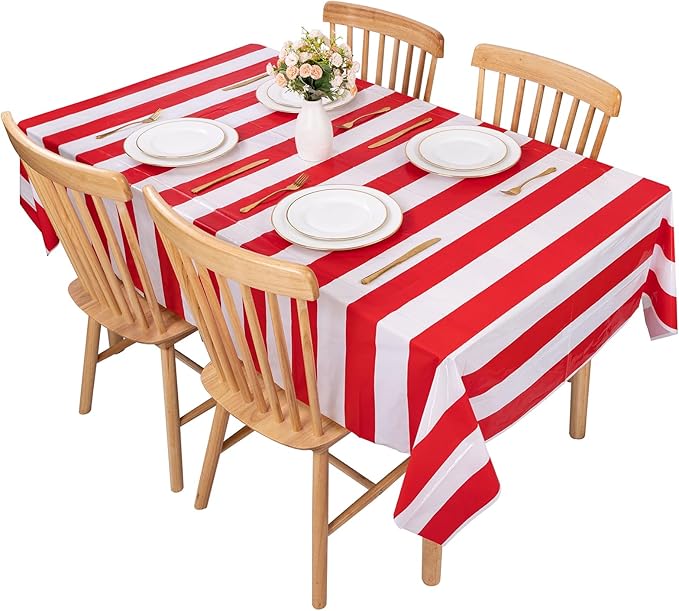 Kesfey 3 Packs Red and White Horizontal Striped Tablecloth 54 x 108 Inch Carnival Circus Theme Party Table Cloths Decorations Waterproof Rectangle Red Striped Tablecover for Picnic Plim Birthday Party