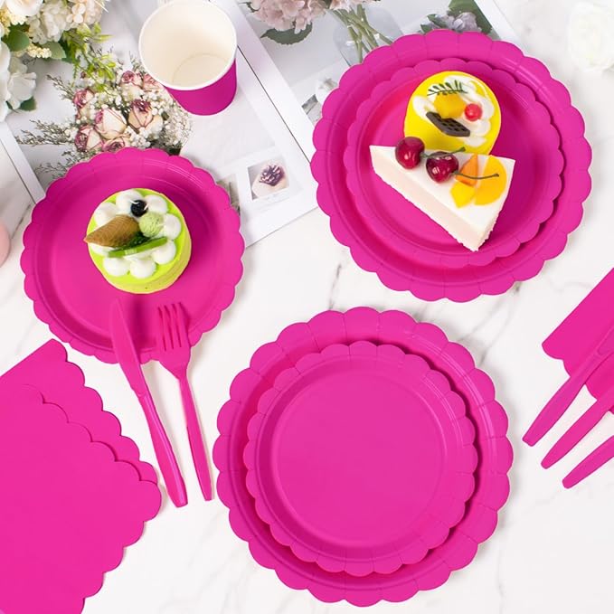 Vyntra 175 Pcs Hot Pink Disposable Paper Plates and Napkins Set for 25, 9" Dinner Plates & 7" Dessert Plates, Tableware for Birthday, Bachelorette, Party