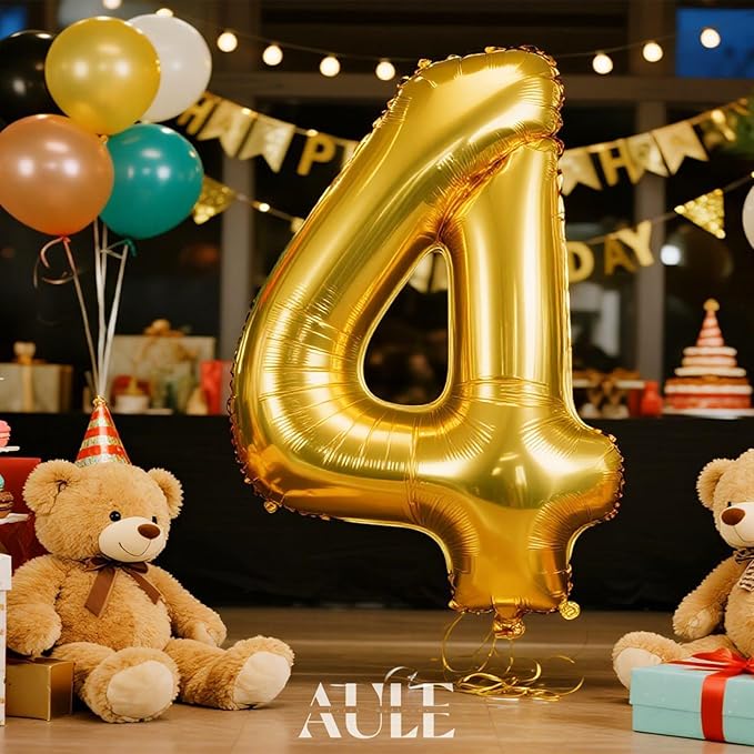 AULE 40 Inch Big Gold 4 Balloon Number Large Foil Helium Number Balloons 0-9 Jumbo Giant Happy 4th Birthday Party Decorations for Boy or Girl Huge Mylar Anniversary Party Supplies