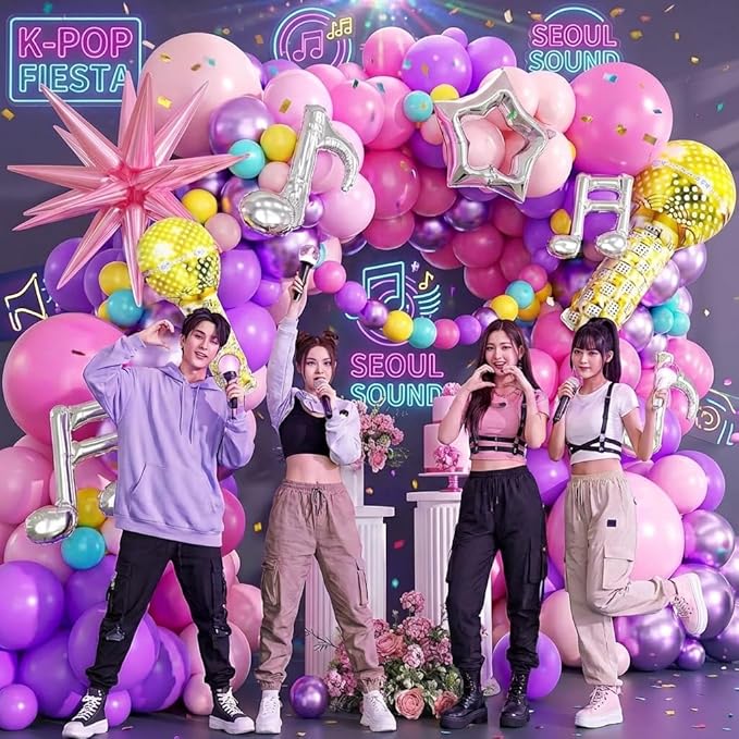 Music Hunter Balloon Arch Kit - 212Pcs Pink, Purple, Hollow Star, Microphone, Music Notes Balloon Garland Kit for Music Prom Fan Gatherings Girls Birthday Singer Kpop Theme Party Decorations
