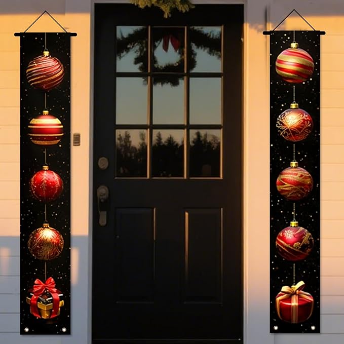 Nuxovilar Christmas Decorations Outdoor Yard Front Porch Sign Set, Black Background Christmas Ball Door Banners, Hanging Door Decor for Home Indoor Wall Yard