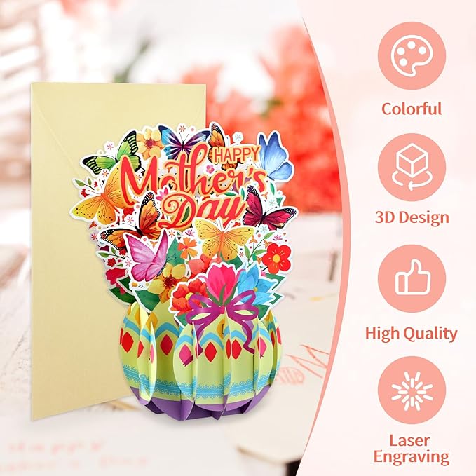 FaCraft Pop Up Mothers Day Cards - Large 7.8" Handmade Happy 3D Mothers Day Card with Butterflies & Flowers - Unique Standing Art Sculpture for Mom Grandma Wife - with Envelope