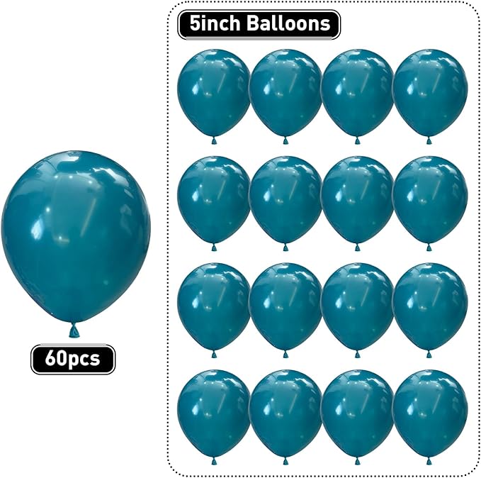 Peacock Blue Balloons 60pcs 5inch Small Turquoise Teal Blue for Balloon Garland Arch 5'' Round Mini Retro Peacock Blue Latex Balloon for Ocean Theme Birthday Party Decoration DIY Wedding