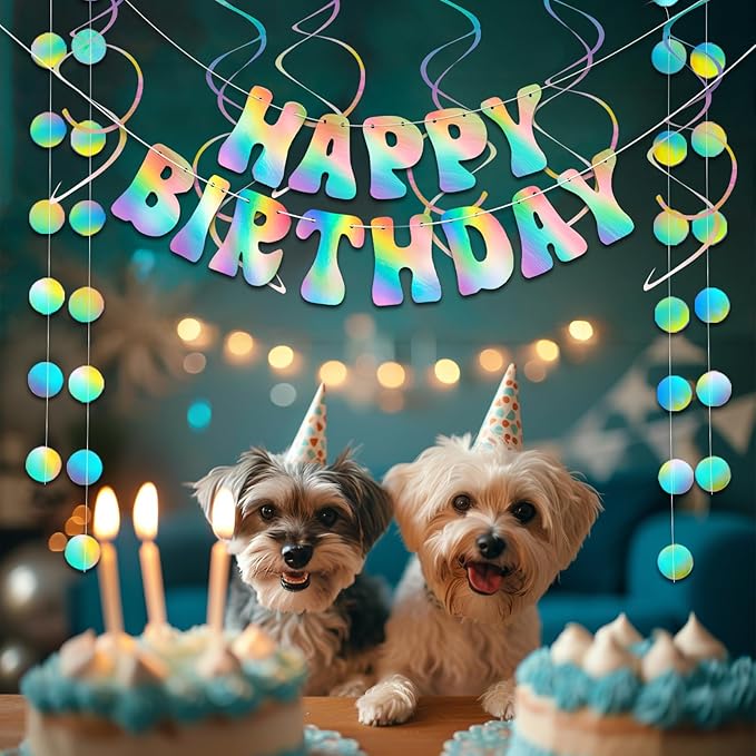 Happy Birthday Banner Iridescent Party Decorations, Fufuddz Funny Birthday Sign, Pre-Strung Holographic Garland & Hanging Swirls Decor for Disco Bachelorette, Girls Women 21st 30th 40th 50th 60s 70s