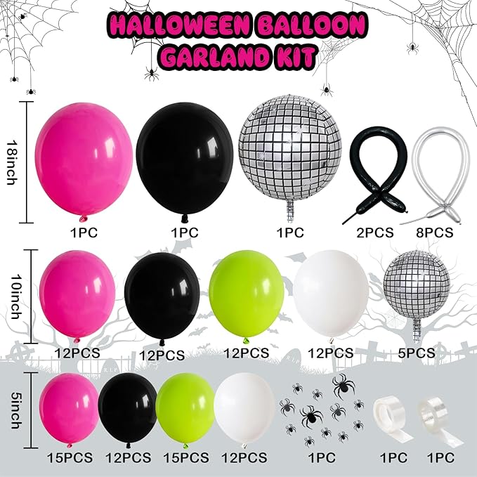 Halloween Balloon Arch Garland Kit, Neon Pink Green and Black White Party Balloons with Disco DIY Spider & 3D Spider Decor for Halloween Birthday Baby Shower Party Decorations