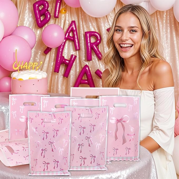 QfwdfcTrenz 50 Pcs Pink Bow Plastic Gift Bags, Goodie Dags with Handles Light Color Bow Themed Party Candy Favor Bag for Birthday Bridal Engagement Party