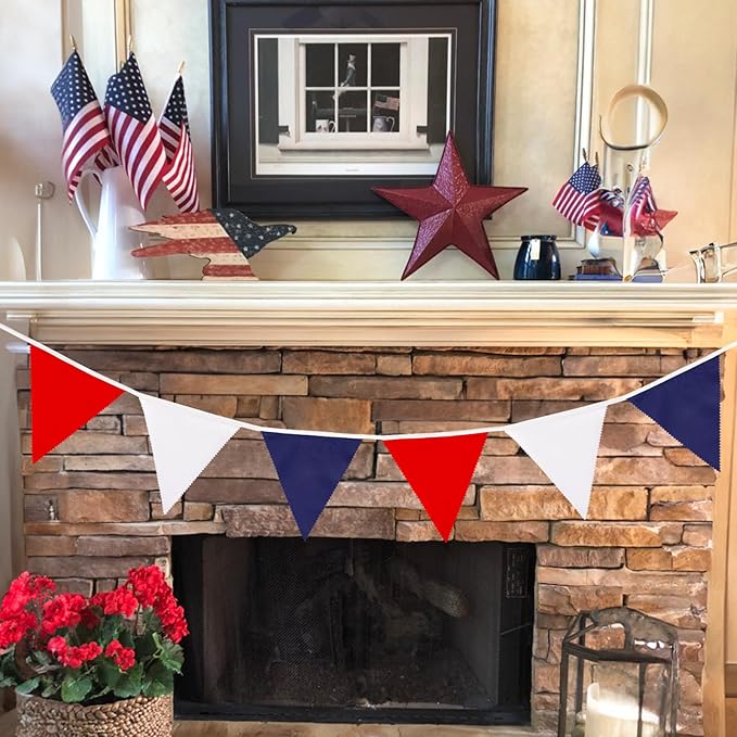 GCQQ 40Ft Red White Blue Banner - 4th of July Decoration Cotton Patriotic Fabric Pennant Triangle Flag Banners Garland for Independence National Day Nautical Theme Captain Graduation Party Decor