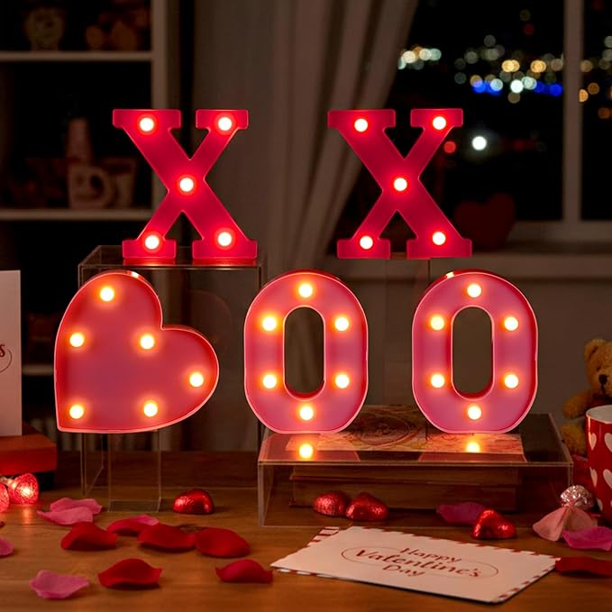 VIHOSE Valentine's Day Galentine's Day Heart LED Letter Lights Sign Table Decoration Light up Letters Battery Powered for Home Bars Party Bedroom Tabletop Decoration Valentine's Gift
