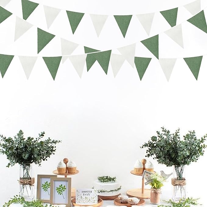 46Ft Green White Party Decorations Sage Green White Burlap Banner Triangle Pennant Flag Linen Bunting Garland Streamers for Jungle Safari Birthday Wedding Golf Baby Shower Summer Party Decorations