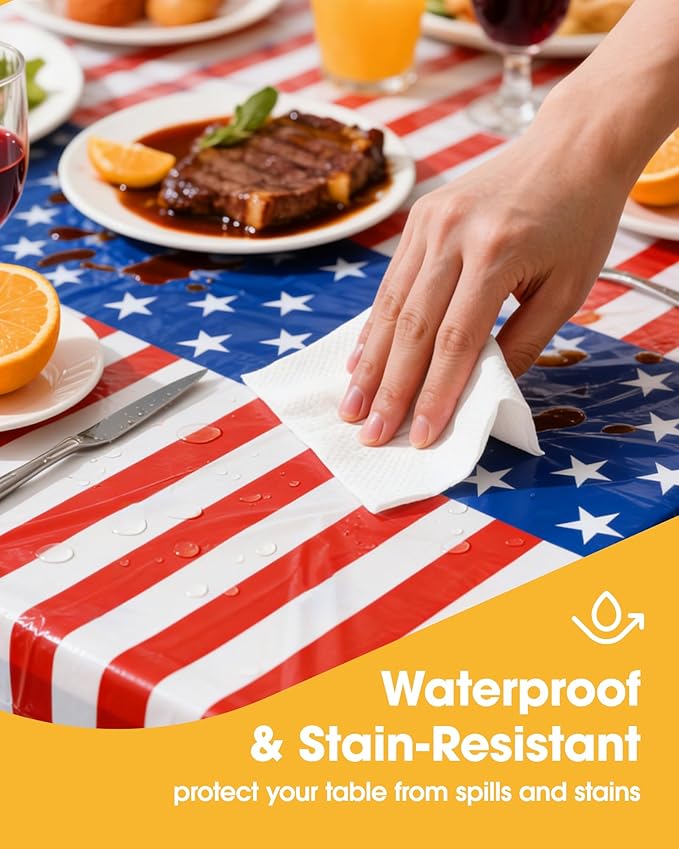 American Flag Plastic Table Cloth - 4 Pack 54" × 108" Rectangle Disposable Tablecloths for 6FT Tables, Table Cover for Party, Holiday & Gathering Use