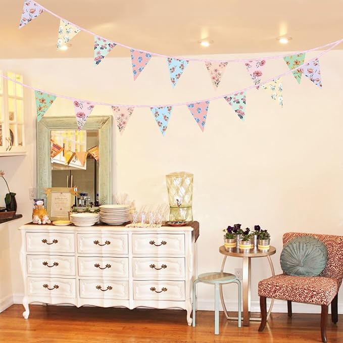 2PCS Floral Paper Garland, 13ft Vintage Wildflower Bunting Triangle Banner for Tea Party Birthday Baby Shower Wedding Garden Party Mother's Day