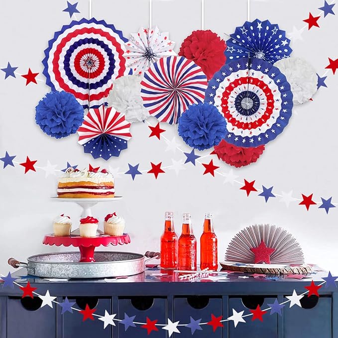 MOVINPE 4th of July Patriotic Party Decorations Set, American Flag Hanging Paper Fans, Paper Flower Balls Pom Poms, 4Pcs Star Streamers Banner Garland Independence Day Party Supplies