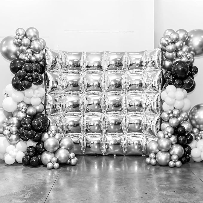 Silver Square Foil Balloon Wall,25Pcs Silver Balloons Backdrop Helium Balloon Tunnel Arch Garland Kit for Birthday Bridal Anniversary Baby Shower Party Decorations