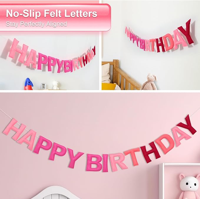 Pre-Strung Happy Birthday Banner & Felt Garland Set - Ombre Pink Birthday Decorations for Women Girls | Reusable Party Supplies for Indoor & Outdoor