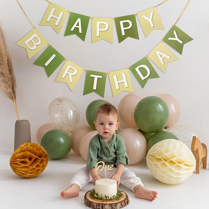 Happy Birthday Banner Birthday Party Banner NO DIY Happy Birthday Sign Pre-Strung Birthday Hanging Decoration for Women Men Girl Boy Party Supplies (Brown Green)