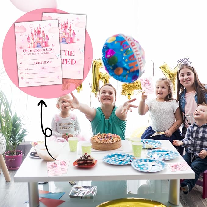 Princess Birthday Party Invitation Cards for Kids Girls, Pink Castle Birthday Celebration Party Invite Cards Supplies, 20 Double-Sided Fill In Invites With Envelopes -06