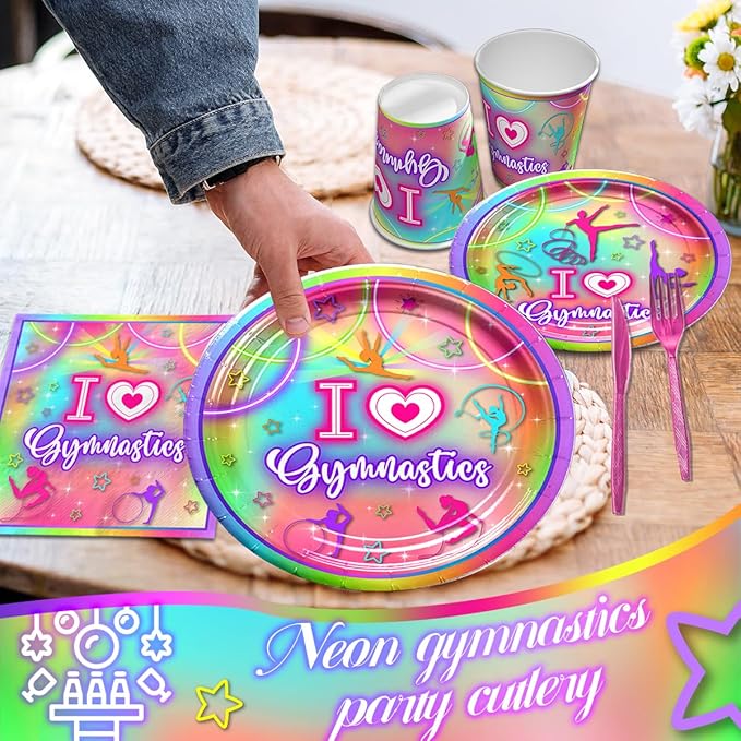 Gymnastics Party Decorations,142pcs Gymnastics Tableware Set I Love Gymnastics Plates Cups Neon Glow Gymnast Table Covers Happy Birthday Banner for Gym Theme Birthday Party Baby Shower
