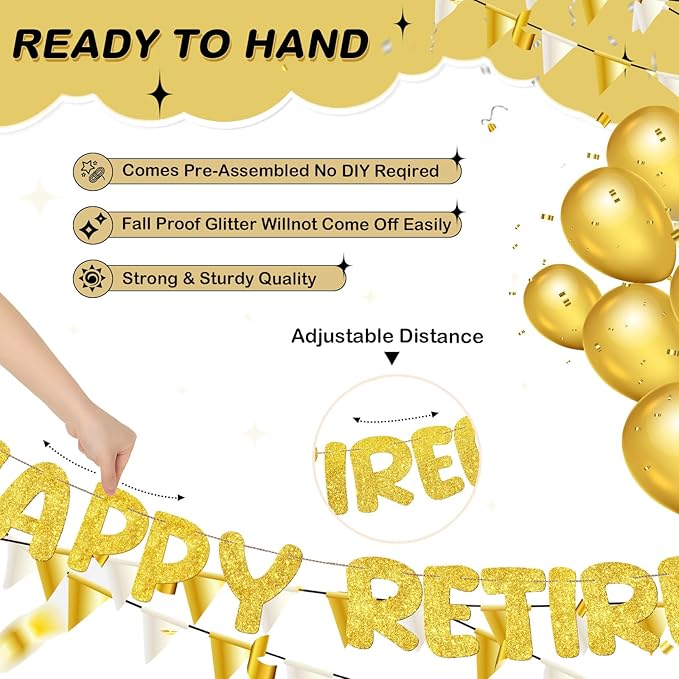 Fulmoon Pre Strung Happy Retirement Banner Glitter Retirement Sign Funny Official Retired Decor Party Decorations Supplies for Men Women Gifts (Gold)